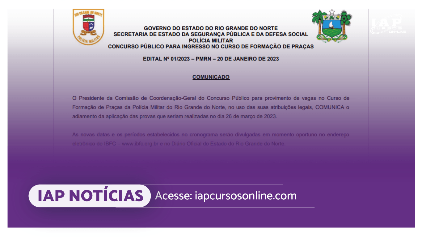 Banner de capa da notícia Adiada data da prova  do concurso da PMRN. Nova data não definida.