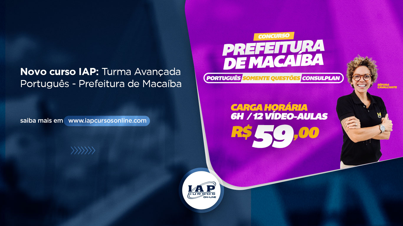 Banner de capa da notícia Novo curso IAP: Turma Avançada - Português - Prefeitura de Macaíba