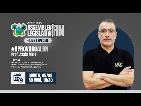 Banner de capa do material gratuito LIVE: PROCESSO LEGISLATIVO NA CONSTITUIÇÃO RN E NO REGIMENTO DA ASSEMBLEIA.